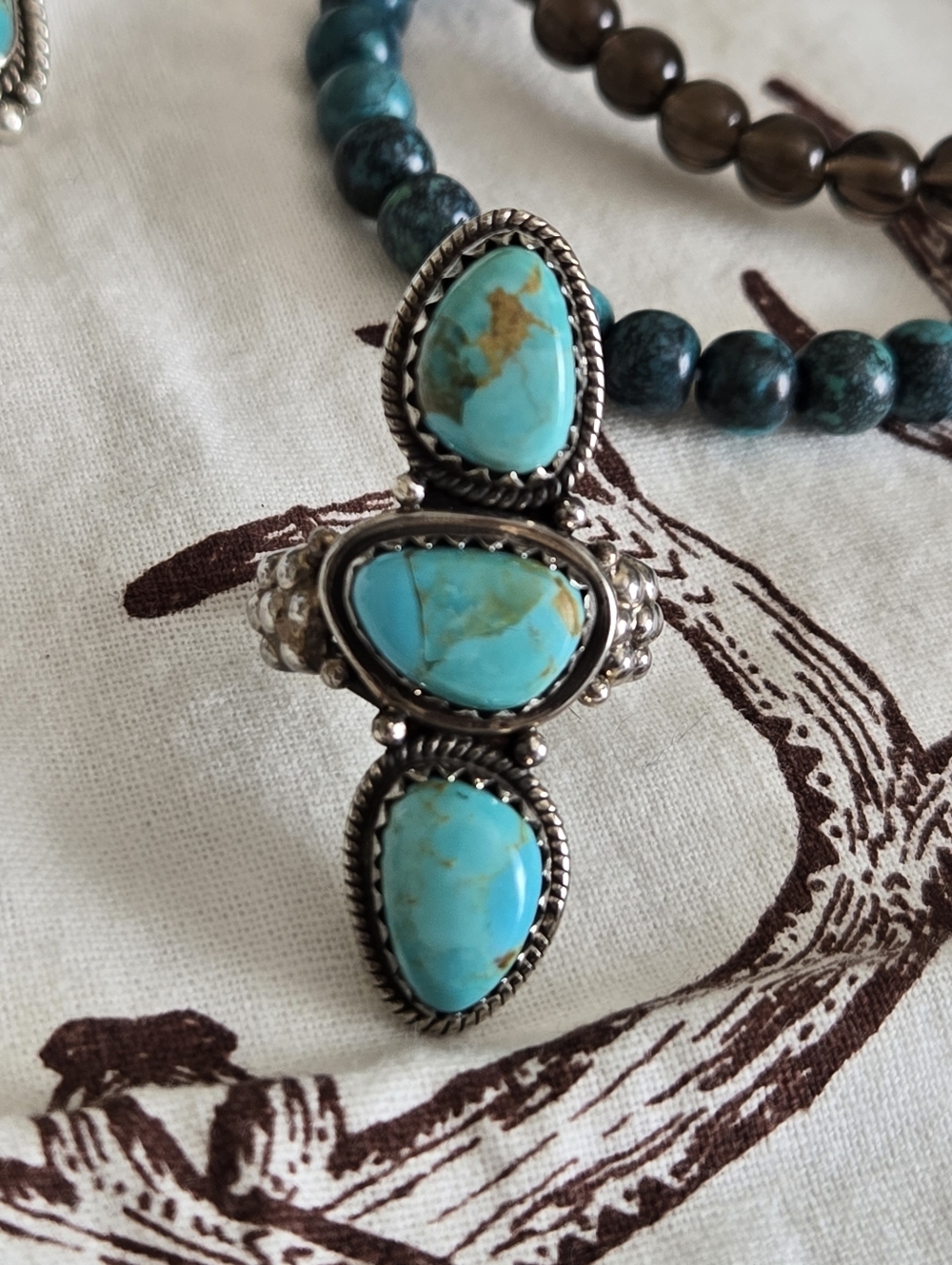 Turquoise 3 Stone SS Ring SZ 8 - Picture 3 of 9